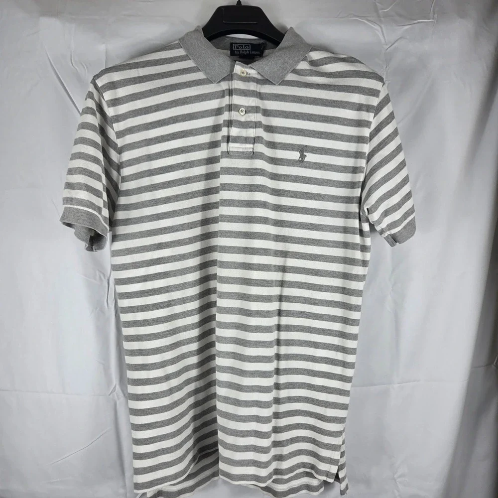 Polo Ralph Lauren Mens Large Grey White Striped Short Sleeve Pique Polo Shirt